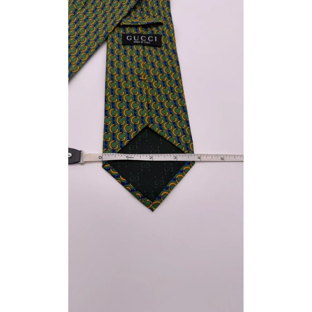 Vintage Gucci Silk Tie Green Yellow Blue Interlocking Chain Link Made in Italy